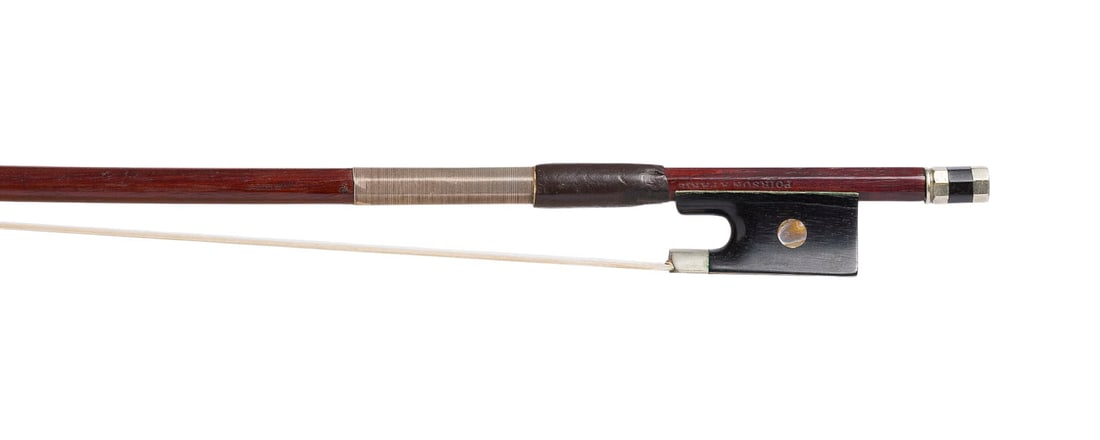 | VIOLINBOGEN 'POIRSON A PARIS': VIOLIN BOW 'POIRSON A PARIS' France, circa 1900 Round Amourette stick, single frog, nickel silver mountings, winding, leather thumb rest, ivory head plate. L. 74 cm, weight approx. 60 g. Violin bow