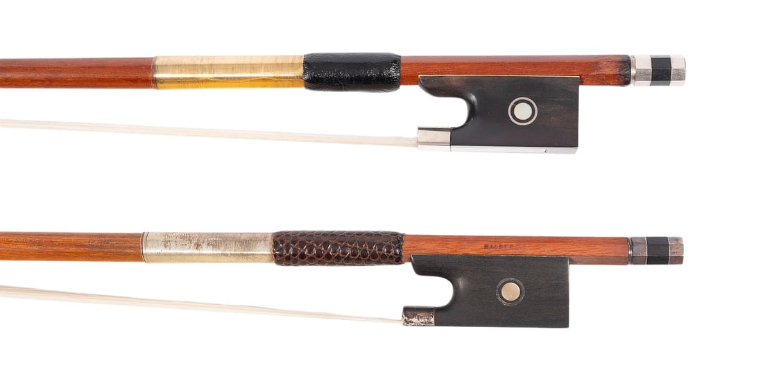| ZWEI VIOLINBOeGEN 'BALSEREIT': TWO VIOLIN BOWS 'BALSEREIT' German, 20th century. Each with a round stick, Parisian eye, winding, thumb leather, and synthetic tip plate. Length of each: 74.4 cm. Unmarked; one violin bow is marked 'B