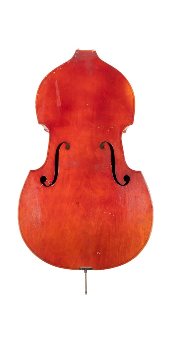 | KONTRABASS KORPUS: DOUBLE BASS BODY Likely German, 20th century. Spruce top and maple back, light reddish-brown shaded varnish; length approx. 108 cm. Some wear and damage; body of a double bass (lacking neck, pegbox,