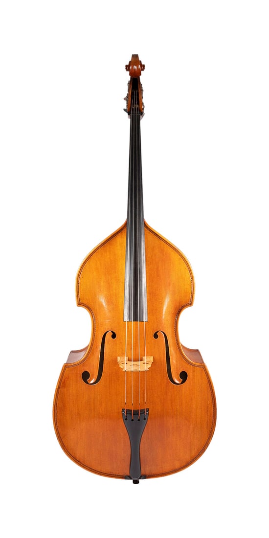 | KONTRABASS 'GUeNTER KRAHMER-POeLLMANN' UND KONTRABASSBOGEN: DOUBLE BASS 'GUeNTER KRAHMER-POeLLMANN' AND DOUBLE BASS BOW Mittenwald, 1963 Arched two-piece spruce top and maple back made of seasoned tonewood (dating from 1920); amber-colored oil varnish; gamba m