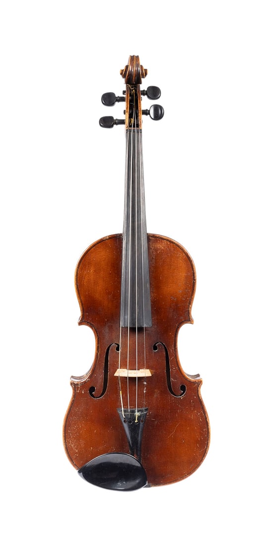 | VIOLA UND VIOLABOGEN: VIOLA AND VIOLA BOW Presumably German, circa 1900 Two-piece spruce top and maple back, dark brown varnish; includes case. 4/4 size viola; total length 66.9 cm, body length 39 cm. Viola bow with octago