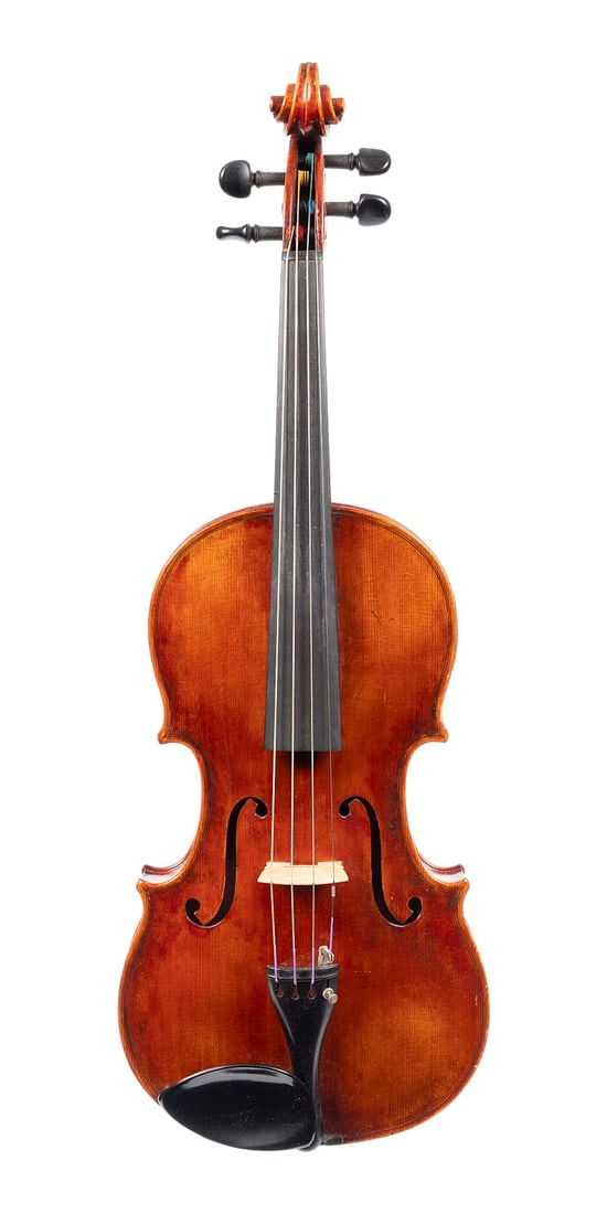 | VIOLA UND ZWEI VIOLABOeGEN: VIOLA AND TWO VIOLA BOWS Presumably German, 20th century. Two-piece spruce top and maple back, brownish-orange varnish; includes case. 4/4 size viola; total length 68.5 cm, body length 40.6 cm.