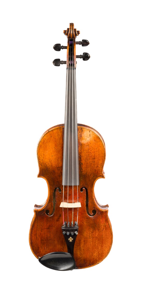 | VIOLA BEZ. 'GIUSEPPE SCARAMEPLLA' UND VIOLABOGEN 'RODERICH PAESOLD': VIOLA LABELLED 'GIUSEPPE SCARAMEPLLA' AND VIOLA BOW BY 'RODERICH PAESOLD' Probably Bubenreuth, around 1820 One-piece spruce top and flamed maple back, dark brown varnish. 4/4 viola, length 64 cm, body