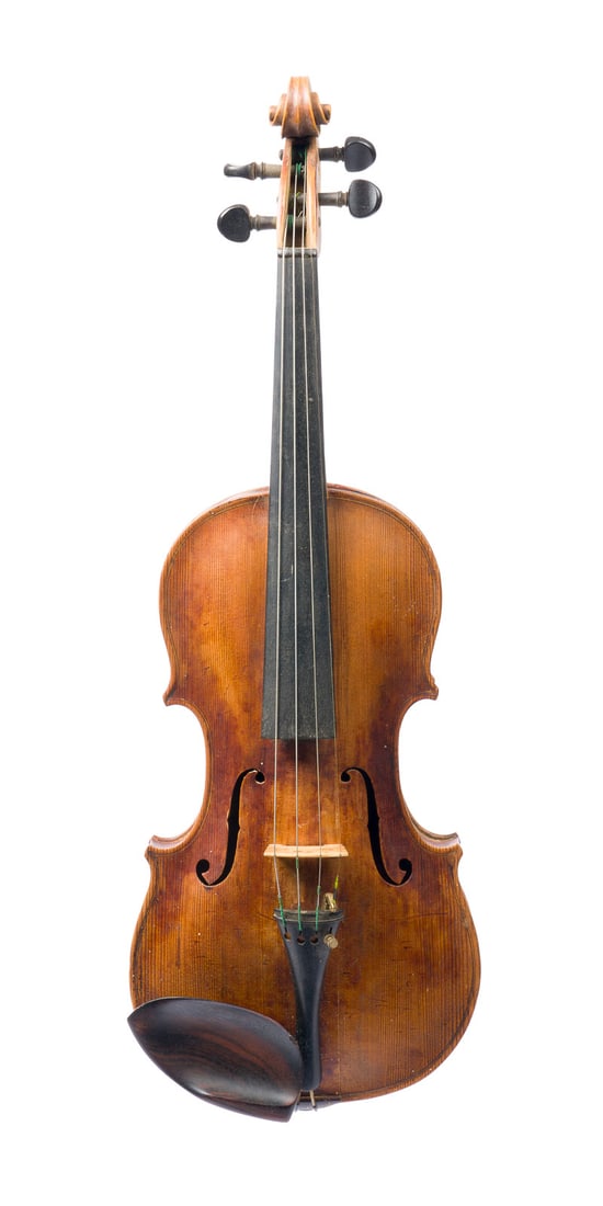 | VIOLINE BEZ. 'JOHANN CARL KLOTZ' UND ZWEI VIOLINBOeGEN: VIOLIN LABLED 'JOHANN CARL KLOTZ' AND TWO VIOLIN BOWS German, probably 18th century. One-piece spruce top and maple back, dark brown varnish, with case (Otto Groh Goettingen). 4/4 violin, l. 59.6 cm, 