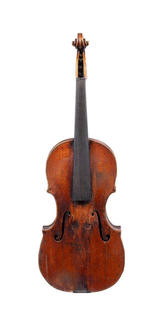 | FEINE VIOLINE: FINE VIOLIN Presumably Mittenwald, early 19th century. One-piece spruce top with fine grain and maple back; dark brown varnish; includes case. 4/4 violin, total length 60 cm, body length 35.7 cm.