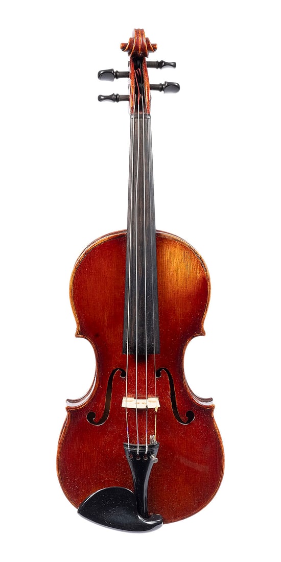 | VIOLINE: VIOLIN Germany or France, circa 1900 Two-piece spruce top and maple back, dark reddish-brown varnish; includes case. 4/4 size; total length 59.4 cm, body length 35.5 cm. Unlabeled. Minor signs of wear