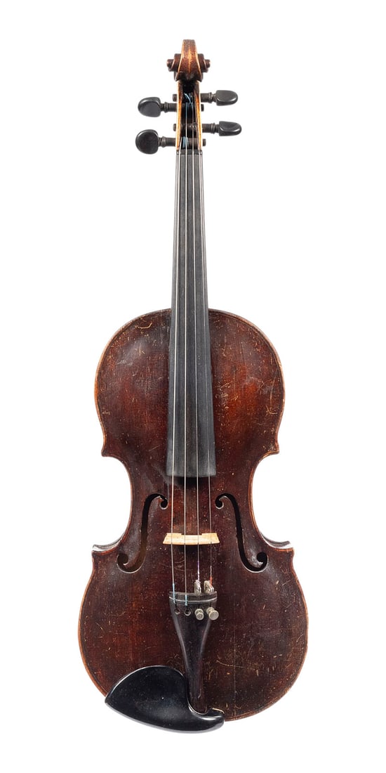 | VIOLINE BEZ. 'HAMM': VIOLIN LABELED 'HAMM' Markneukirchen or Vogtland, 19th century. One-piece spruce top and maple back, dark brown varnish; includes case. 4/4 violin, total length 59 cm, body length 35.9 cm. Back bears 