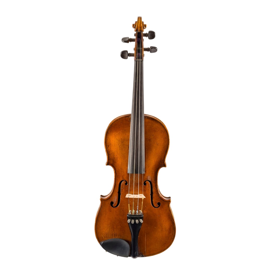 | VIOLINE MIT GESCHNITZTER PORTRAIT BUeSTE IM BODEN: VIOLIN WITH CARVED PORTRAIT BUST ON THE BACK Probably Markneukirchen, circa 1900 One-piece spruce top and maple back; the back features a carving of a knight or warrior wearing a helmet, along with