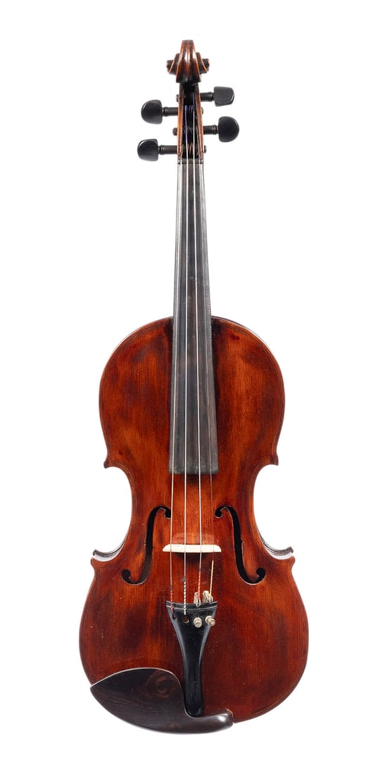 | VIOLINE: VIOLIN German, circa 1900 Two-piece spruce top and maple back, dark amber to reddish-brown varnish. 4/4 violin, length 30.3 cm, body length 35.6 cm. Unmarked. Minor bumped, minor crack in the side.