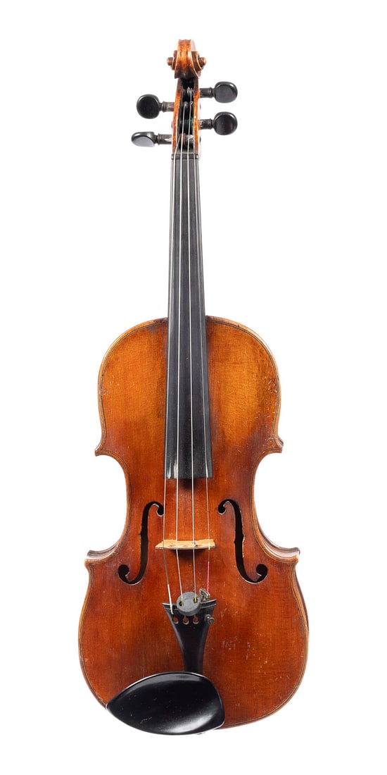 | VIOLINE 'HOPF': VIOLIN 'HOPF' German, c. 1900 One-piece spruce top and maple back, brown varnish; includes case. 4/4 violin, length 58.5 cm, body length 35 cm. Marked 'Hopf' on the back. Part. bumoed; repaired cracks