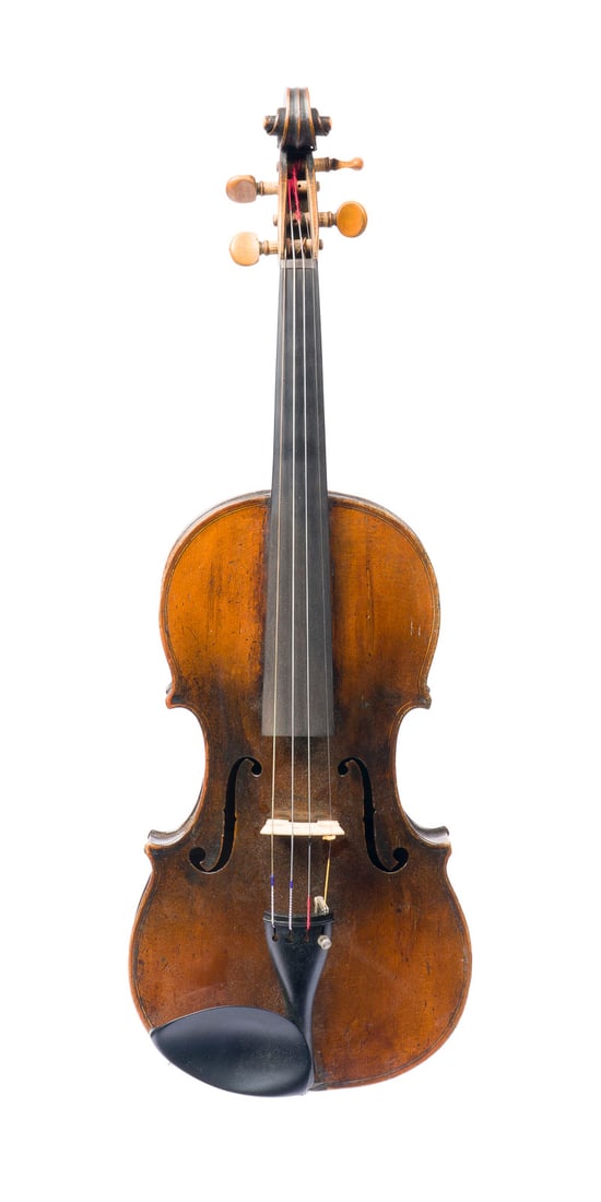 | VIOLINE 'JEAN LAURENT MAST': VIOLIN 'JEAN LAURENT MAST' Paris, 19th century. Two-piece spruce top and flamed maple back, dark brown varnish, with bag. 4/4 violin l. 60.4 cm, body l. 36 cm. Marked inside on back and brand stamp '