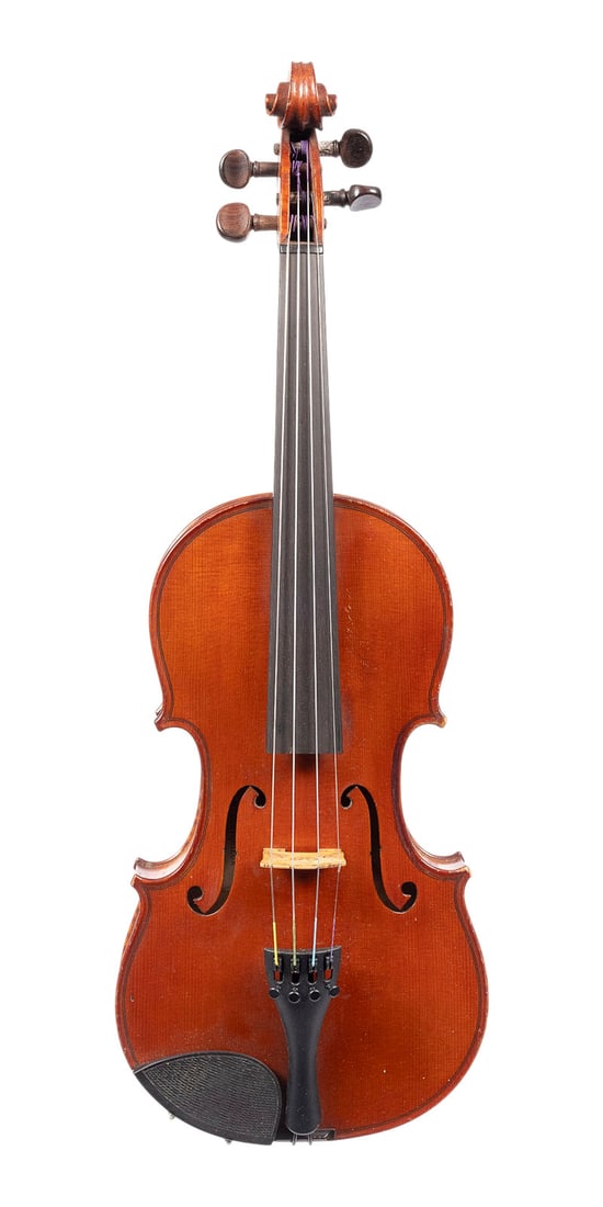 | VIOLINE 'M. COUTURIEUX' UND VIOLINBOGEN: VIOLIN 'M. COUTURIEUX' AND VIOLIN BOW Mirecourt, circa 1900 Two-piece spruce top and maple back, brown varnish; includes case. 4/4 violin, total length 59.3 cm, body length 35.9 cm. Label: 'Lutherie A