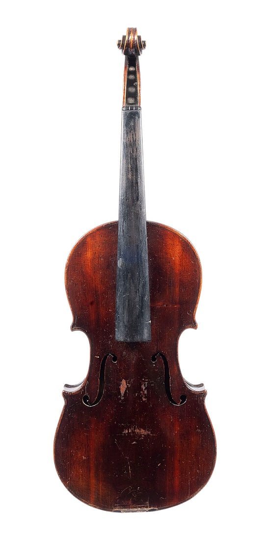 | VIOLINE NACH NICOLA AMATI: VIOLIN AFTER NICOLA AMATI German, c. 1900 Two-piece spruce top and maple back, dark reddish-brown varnish; includes case. 4/4 violin, total length 59.7 cm, body length 36 cm. Label: 'Nicolaus Amatus f