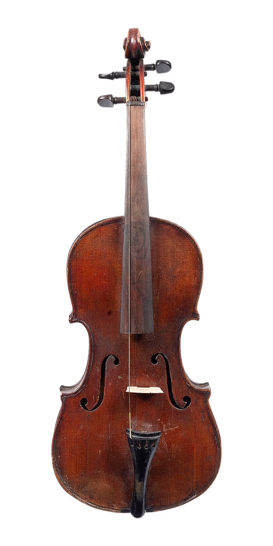 | VIOLINE: VIOLIN Germany or France, early 20th century. Two-piece spruce top and maple back, dark brown varnish; includes wooden case. 4/4 size; total length 58.5 cm, body length 36 cm. Unlabeled.Part. bumped; 