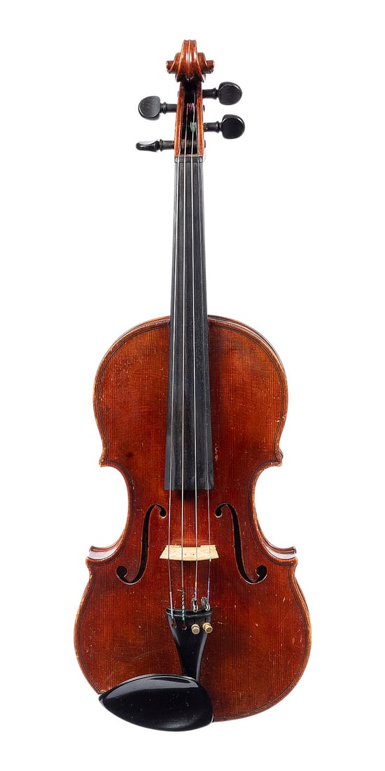 | VIOLINE 'EUGEN WAHL' UND VIOLINBOGEN: VIOLIN 'EUGEN WAHL' AND VIOLIN BOW Karlsruhe, 1932 One-piece spruce top and maple back, reddish-brown varnish; includes case. 4/4 violin; total length 59 cm, body length 35.6 cm. Label reads ''Eugen