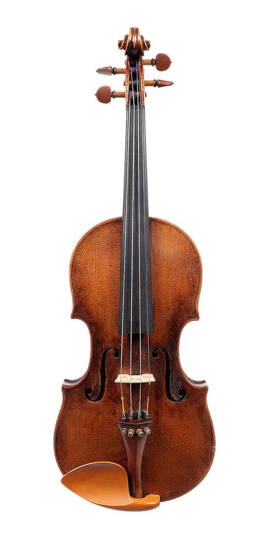 | VIOLINE: VIOLIN Probably Mirecourt, circa 1900 Two-piece spruce top and maple back, brown varnish, with case. 4/4 violin, length 59.5 cm, body length 35.5 cm. Unmarked. Minor bumped and rubbed; restored.