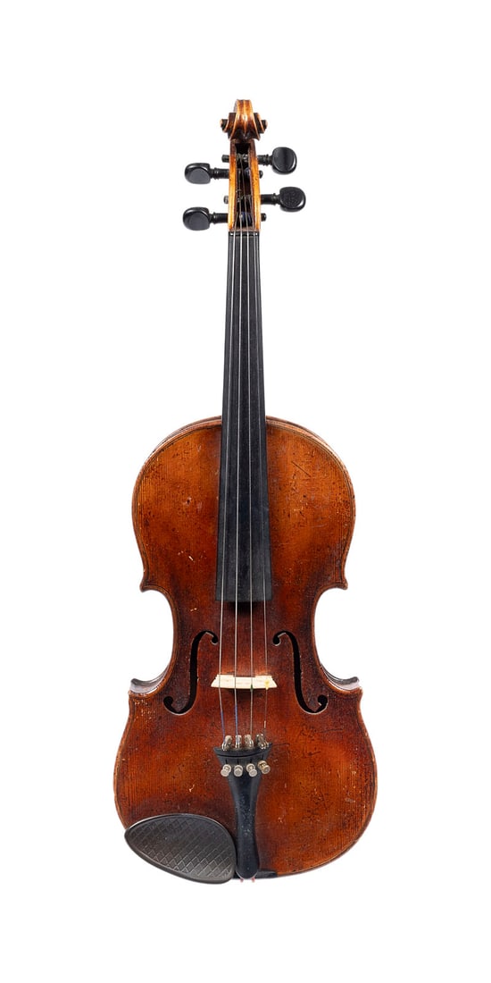 | VIOLINE NACH 'NICOLA AMATI' UND ZWEI VIOLINBOeGEN: VIOLIN AFTER 'NICOLA AMATI' AND TWO VIOLIN BOWS German, circa 1900 One-piece spruce top and maple back, dark brown varnish; with case. 4/4 violin, length 59.6 cm, body length 36.1 cm. Label: 'Nicolaus