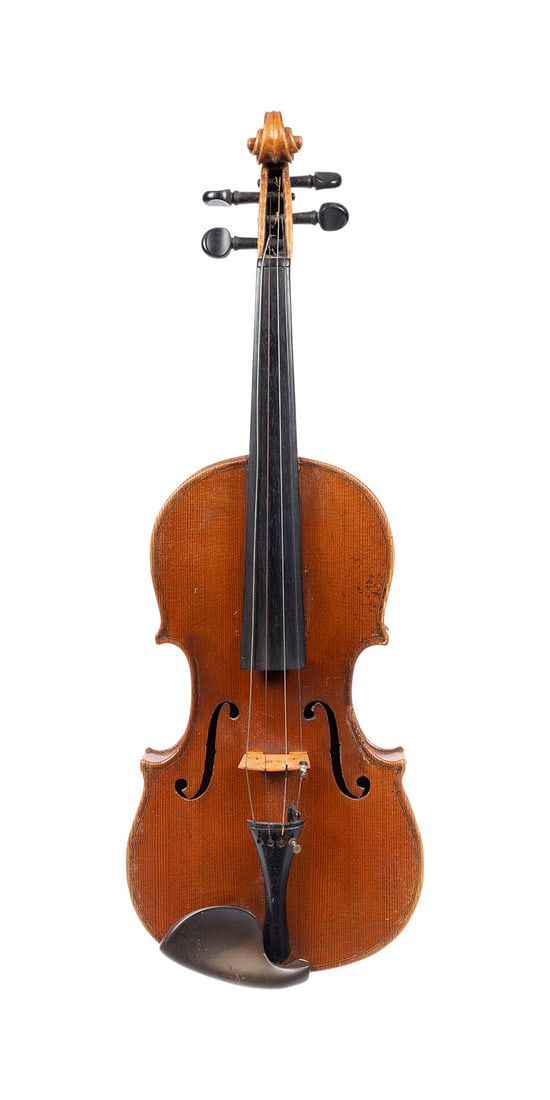 | VIOLINE UND ZWEI VIOLINBOeGEN: VIOLIN AND TWO VIOLIN BOWS German, early 20th century. Two-piece spruce top and maple back, light brown varnish; includes case. 4/4 violin, length 59.6 cm, body length 36 cm. Unlabeled. Two violin bow