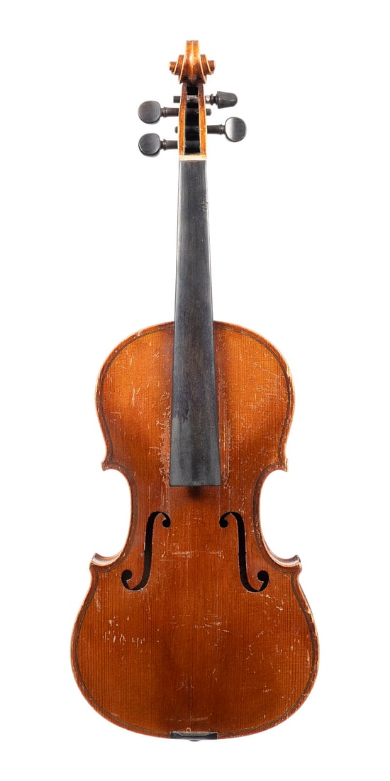 | VIOLINE UND ZWEI VIOLINBOeGEN: VIOLIN AND TWO VIOLIN BOWS German, early 20th century. Two-piece spruce top and maple back, brown varnish; includes case. 4/4 violin, length 59.4 cm, body length 35.6 cm. Unlabeled. Two violin bows, G