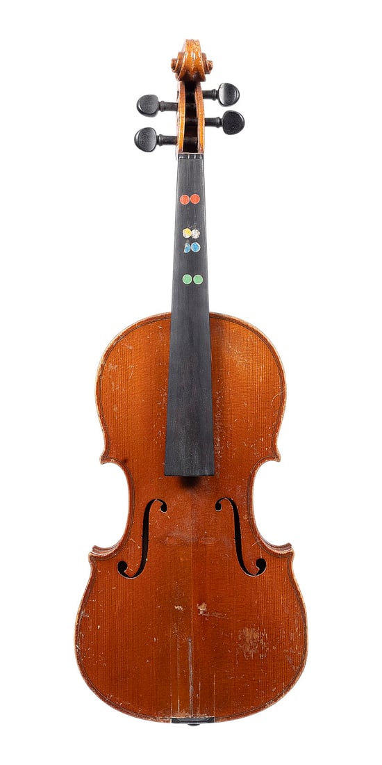 | VIOLINE 'ADOLF SPRENGER' UND ZWEI VIOLINBOeGEN: VIOLIN 'ADOLF SPRENGER' AND TWO VIOLIN BOWS Markneukirchen, early 20th century Two-piece spruce top and maple back, light brown varnish; includes wooden case. 4/4 violin, total length 59 cm, body leng