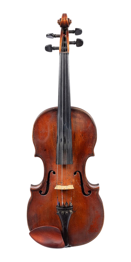| VIOLINE BEZ. 'ADAM MARTIN' UND VIOLINBOGEN: VIOLIN LABELED 'ADAM MARTIN' AND VIOLIN BOW Markneukirchen, c. 1900 Two-piece spruce top and maple back, dark brown varnish; includes case. 4/4 violin, body length 36 cm. Label on the rib: 'Adam Marti