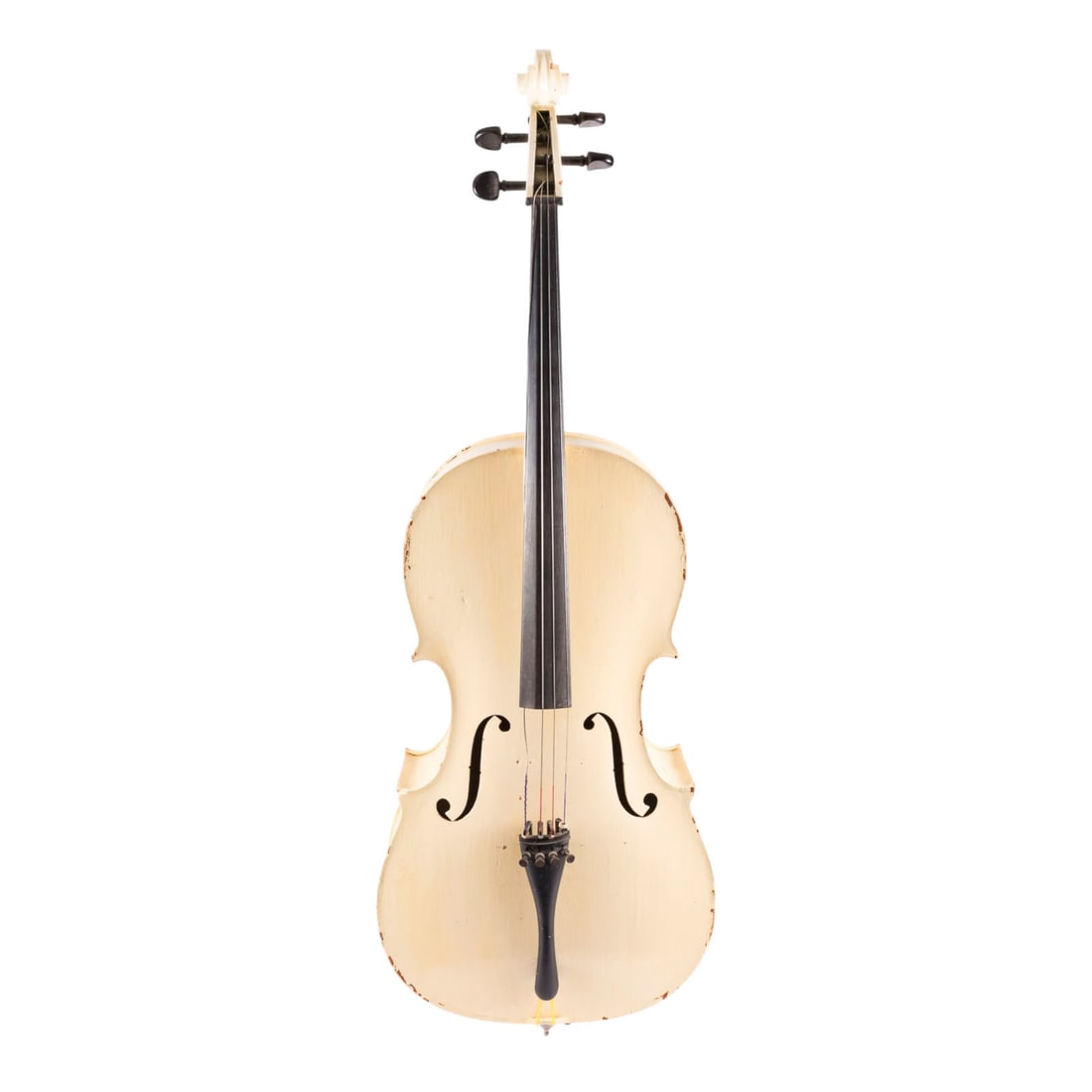 | CELLO: CELLO 20th century Two-piece spruce top and maple back, overpainted in white; in an old wooden case. 4/4 size cello; total length approx. 123 cm, body length 75.5 cm. Unmarked. String length 68 cm,