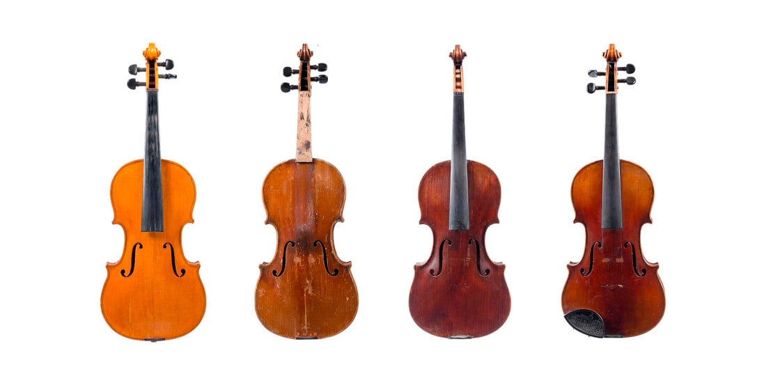 | KONVOLUT VON VIER VIOLINEN: SET OF FOUR VIOLINS 19th / 20th century Spruce top and maple back, light and brown varnish. 4/4 violin, L. 58/59.5/59.3/60 cm. Violin label: Stradivarius and Paolo Antonio Testore. In good condition, 