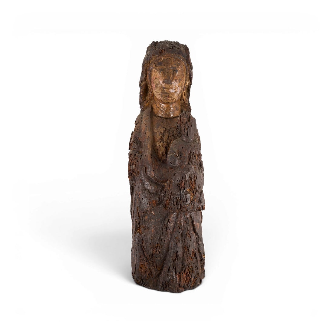 | ROMANISCHE MADONNA MIT DEM CHRISTUSKIND: ROMANESQUE MADONNA AND CHILD Italy, likely Piedmont, 13th century. Wood, carved in the round, mounted on canvas, traces of polychrome finish; flattened and hollowed out at the back. H. 55, W. 18, D. 1