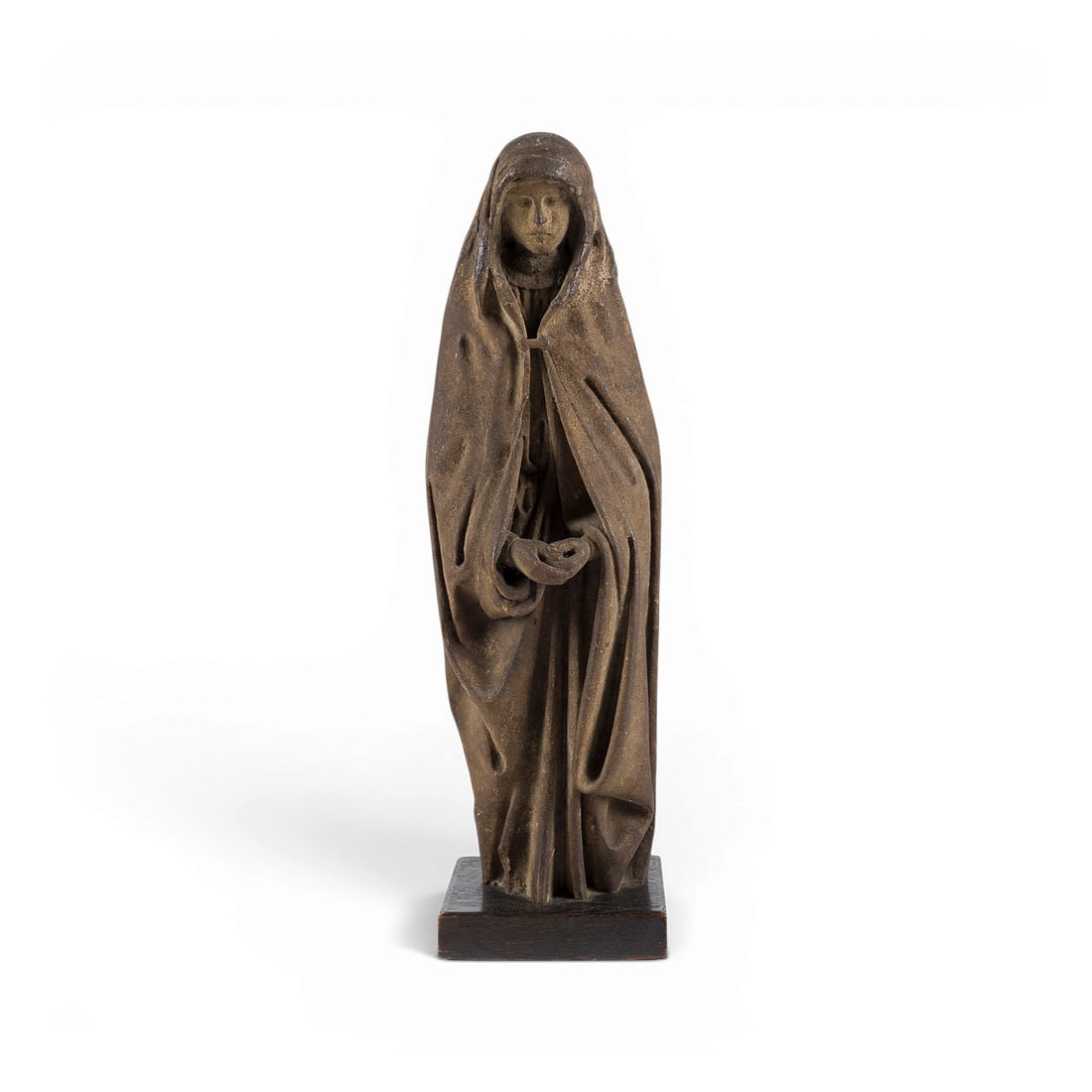 | GOTISCHE FIGUR EINER TRAUERNDEN / SCHMERZENSMUTTER: GOTHIC FIGURE OF A MOURNING WOMAN / MATER DOLOROSA France or Rhineland, likely 14th century Limestone, sculpted in the round; likely traces of an earlier surface finish; mounted on a wooden base. H. 4