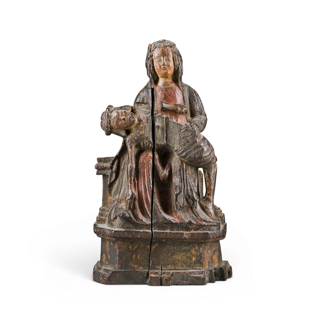 | PIETA: PIETA Probably Flanders, late 14th century Linden wood, sculpted, flattened and hollowed out on the back, remnants of a frame. H. 34, W. 19.5, D. 9 cm, weight approx. 1.4 kg. Sculptural representation