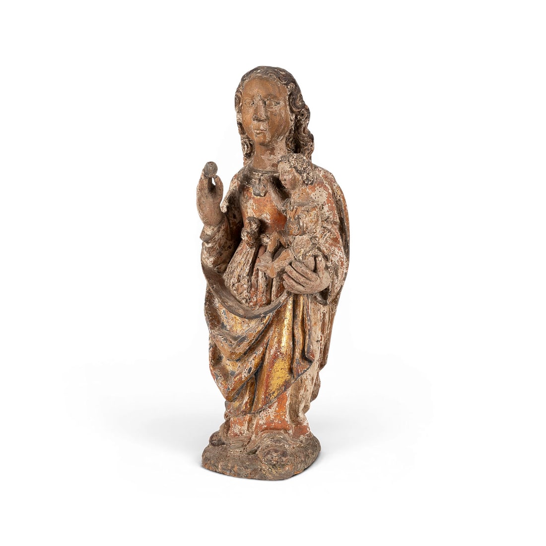 | SPAeTGOTISCHE MADONNA MIT CHRISTUSKIND: LATE GOTHIC MADONNA AND CHILD Upper Swabia / Lake Constance region, early 16th century Lindenwood; carved in the round, gilded, with traces of an early polychrome finish; flattened at the back. H. 61,