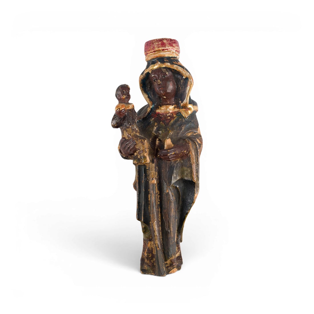 | KLEINE SCHWARZE MADONNA MIT GOTTESMUTTER: SMALL BLACK MADONNA South German, 18th century. Wood, carved in the round, gilded and polychrome-painted; flattened and hollowed out at the back. H. 21, W. 8, D. 5 cm; weight approx. 150 g. Marked '12