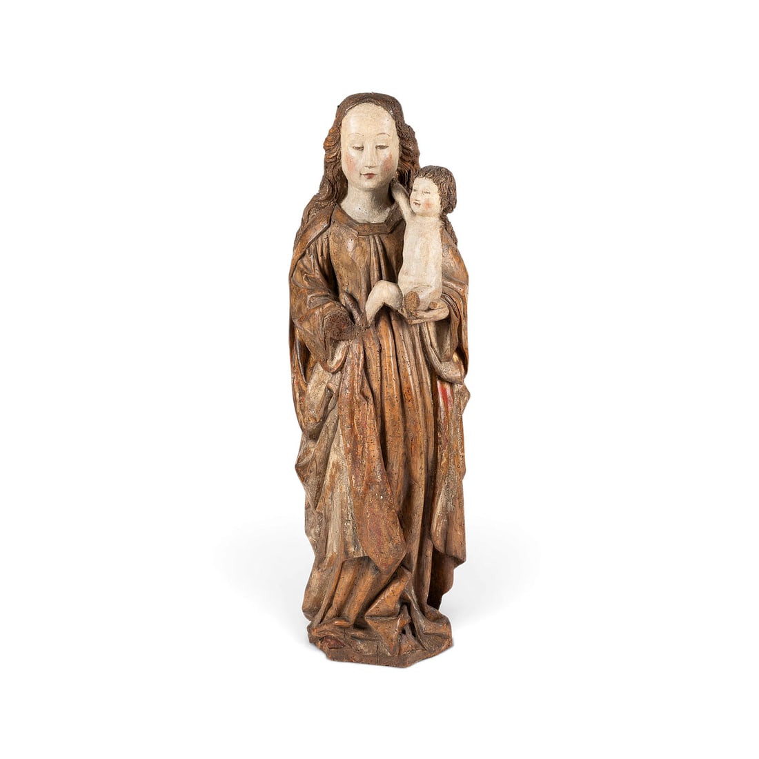 | SPAeTGOTISCHE MADONNA MIT CHRISTUSKIND: LATE GOTHIC MADONNA AND CHILD South German, c. 1520 Wood, carved in the round, polychromed and gilded, flattened at the back. H. 87, W. 28, D. 16 cm. Standing Virgin with a high forehead and long, cas