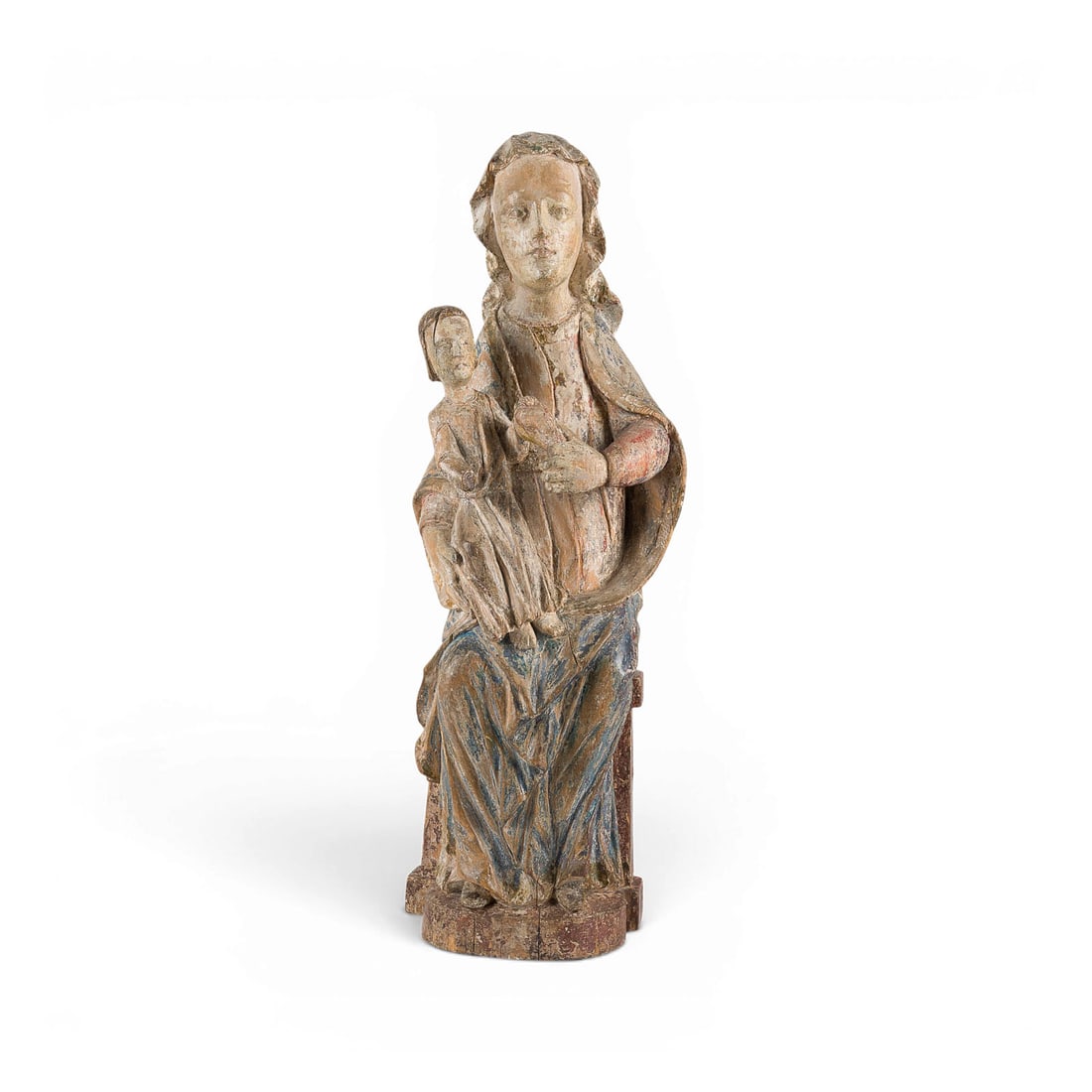 | THRONENDE GOTTESMUTTER MIT DEM CHRISTUSKIND: ENTHRONED MOTHER OF GOD WITH THE CHRIST CHILD German, likely 16th century Wood, carved in the round, polychrome finish, gessoed, flattened back. H. 57, W. 18, D. 13 cm. Frontal depiction of the enthro
