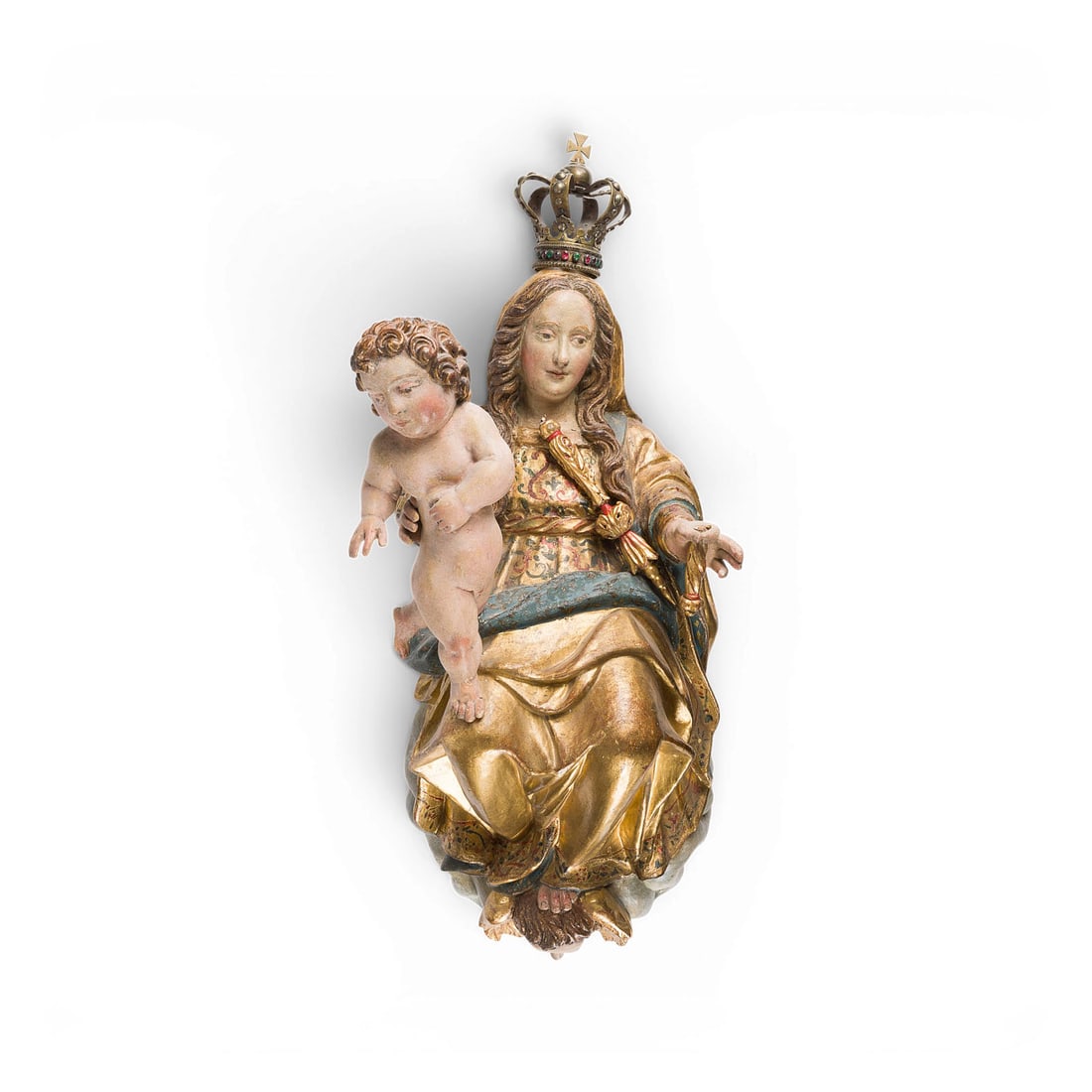 | GROSSE THRONENDE MADONNA MIT CHRISTUSKIND ALS HIMMELSKOeNIGIN: LARGE ENTHRONED MADONNA AND CHILD AS QUEEN OF HEAVEN German, early 18th century Linden wood, carved in the round, polychromed and gilded, flattened at the back, metal crown. H. 79, W. 34, D. 28 cm. Sc
