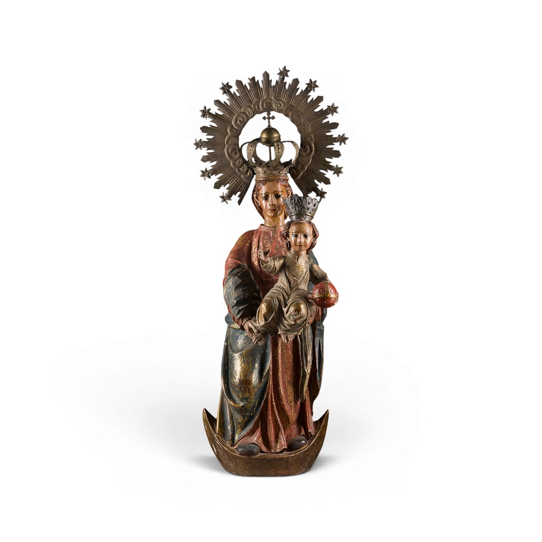 | MADONNA MIT DEM CHRISTUSKIND: MADONNA WITH THE CHILD JESUS Spain, 17th century Wood, sculpted, polychrome, flattened back, glass eyes, metal halo and crown. H. 85, W. 26, D. 23 cm. Partially intact and repaired, restored, damaged,