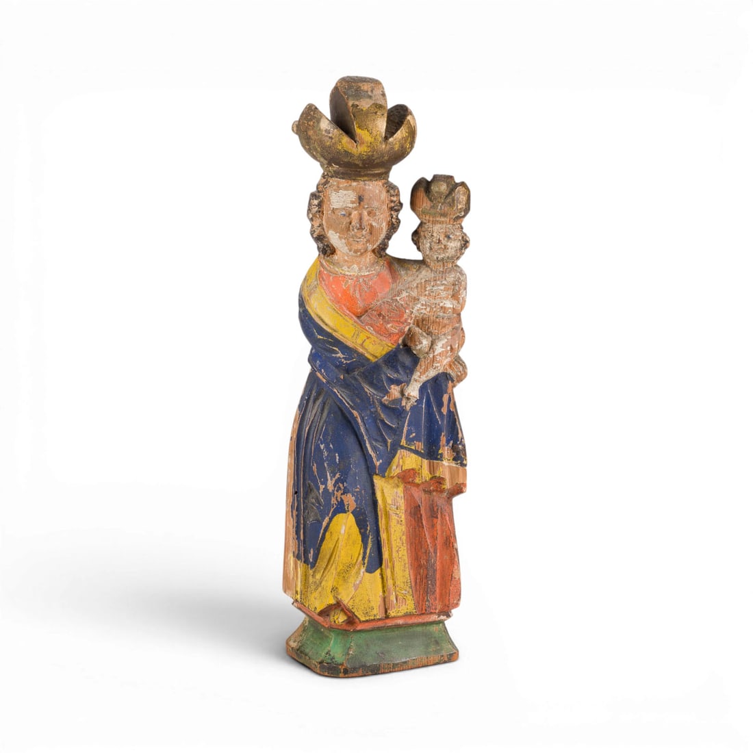 | BEKROeNTE MADONNA MIT CHRISTUSKIND: CROWNED MADONNA WITH THE CHRIST CHILD Alpine region, 18th century Softwood, carved in the round, polychromed and gilded, flattened at the back. H. 28.5, W. 9, D. 7 cm. Minor damage and losses to the f