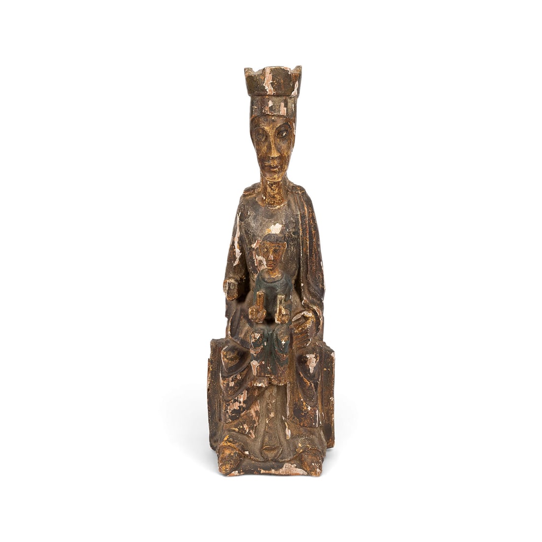 | 'SEDES SAPIENTIAE' (THRONENDE MADONNA MIT CHRISTUSKIND): SEDES SAPIENTIAE' (Enthroned Madonna with the Christ Child) Pyrenees, in the style of the 13th century Carved wood with polychrome finish and gesso ground. H. 47.5, W. 17, D. 11 cm. A Romanesque depic