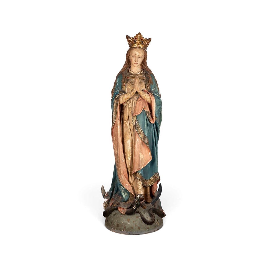 | MONUMENTALE MONDISCHELMADONNA: MONUMENTAL MADONNA ON THE CRESCENT MOON Presumably Belgium, early 19th century. Terracotta, fully modeled in the round, polychromed and gilded. H. approx. 220 cm, W. 80 cm, D. 65 cm. Large standing fi