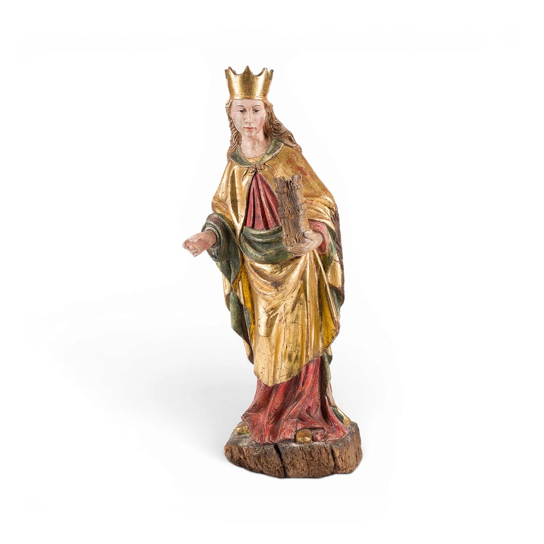 | HEILIGE BARBARA MIT TURM: Saint Barbara with Tower Presumably Lower Rhine, 17th century Oak; carved in the round, primed, polychromed, and gilded; flattened at the back; on a base. H. 48, W. 17, D. 15 cm. Areas of rubbing and 