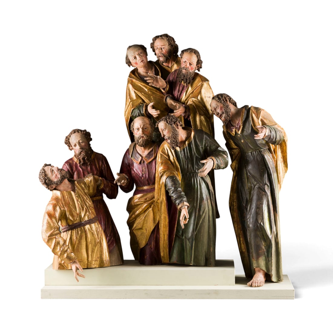HANS ZUeRN DER JUeNGERE | HOCHBEDEUTENDE APOLSTEGRUPPE: HANS ZUeRN THE YOUNGER 1585 Waldsee? - after 1624 Buchhorn IMPORTANT APOSTLE GROUP Upper Swabia, around 1610/20 Lime wood, sculpted, carved, gilded, polychrome. H. 55/92/73, W approx. 100, D 28/30 cm.