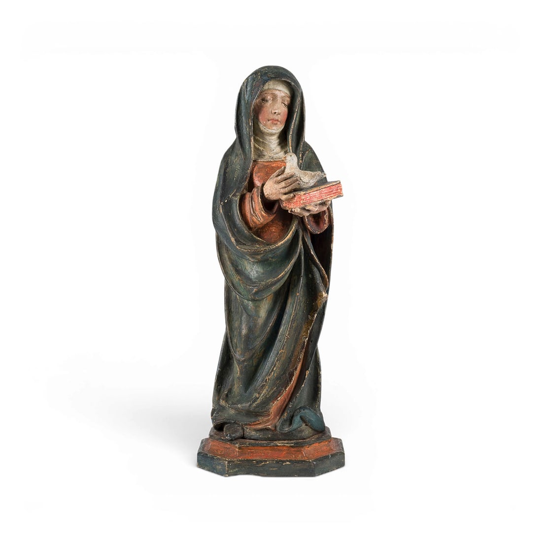 | HEILIGE SCHOLASTIKA VON NURSIA: SAINT SCHOLASTICA OF NURSIA German, c. 1600 Linden wood, carved in the round, polychromed and gilded. H. 56, W. 21.5, D. 14 cm. Standing figure of Saint Scholastica wearing a religious habit and a dar