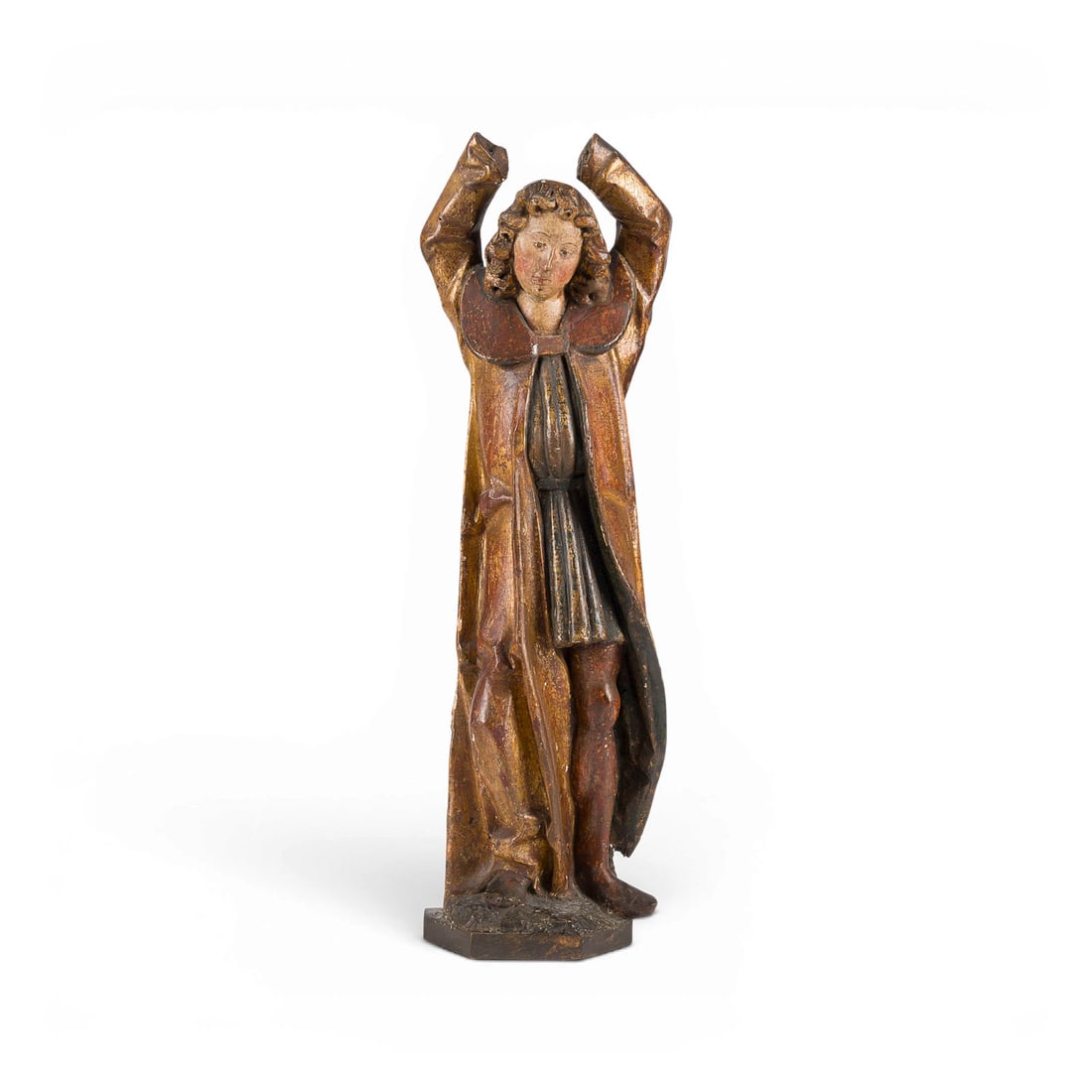 | GOTISCHE HEILIGENFIGUR DES PANTALEON VON NIKOMDEIA: GOTHIC FIGURE OF SAINT PANTALEON OF NICOMEDIA Rhineland/Southern Germany, 1510-1520 Linden wood, carved in the round, gilded, polychrome finish; on a base (added later). H. 48 cm, W. 17 cm, D. 8 cm; w