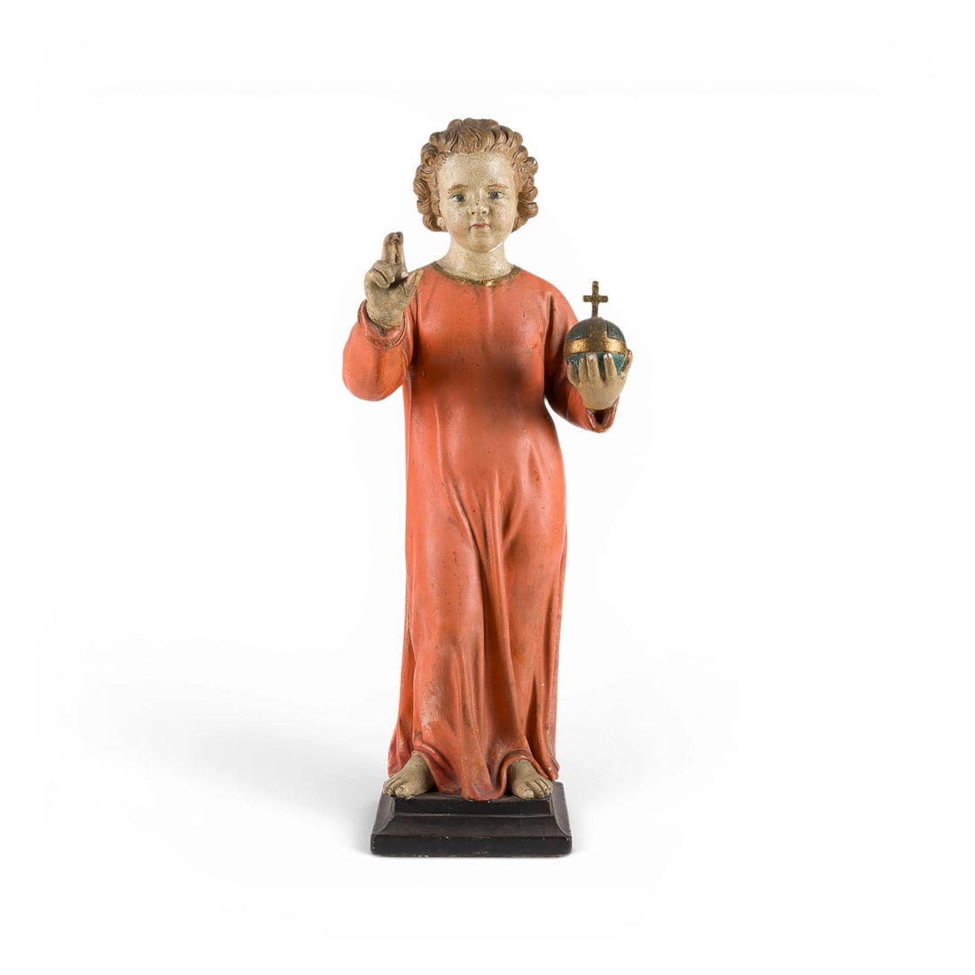 LUDVIK SIMEK | SEGNENDES CHRISTKIND (SALVATOR MUNDI): LUDVIK SIMEK 1837-1886 BLESSING CHRIST CHILD (SALVATOR MUNDI) Prague, 1880 Ceramic, modeled in the round, with gesso ground, polychrome finish, and gilding. H. 49.5 cm, W. 21 cm, D. 14 cm; weight appr