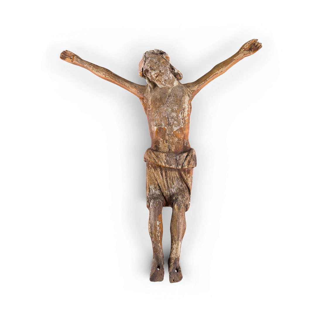 | SPAeTGOTISCHES KORPUS CHRISTI: LATE GOTHIC CORPUS CHRISTI Likely Austria, c. 1500 Softwood, carved in the round, gessoed, traces of an old polychromy, partially gilded. H. 88, W. 86, D. 12 cm. Sculptural depiction of the dying Chri
