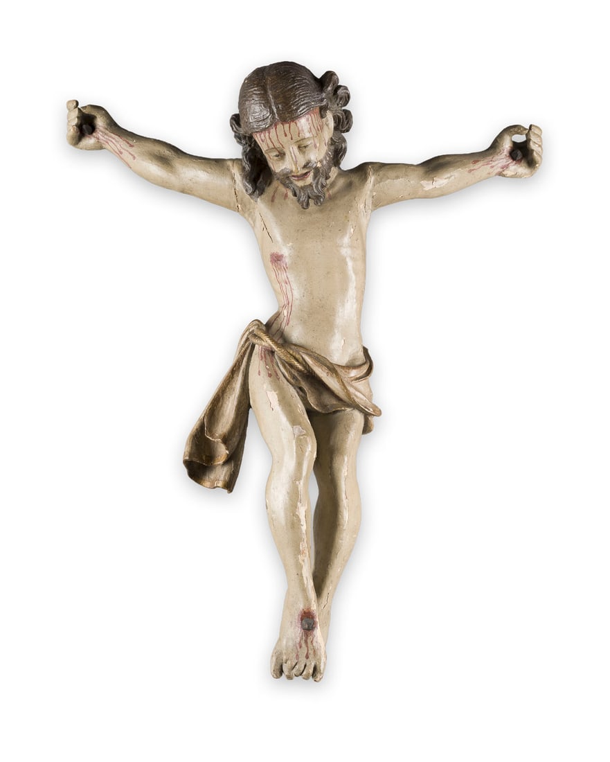 | KORPUS CHRISTI: CORPUS CHRISTI German, 18th century Wood, sculpted, gilded, polychrome, primed. H. 51, W. 48, D. 18 cm, weight approx. 1.67 kg. Partially bumped, loss of material, rest.KORPUS CHRISTI Deutsch, 18. Jh.