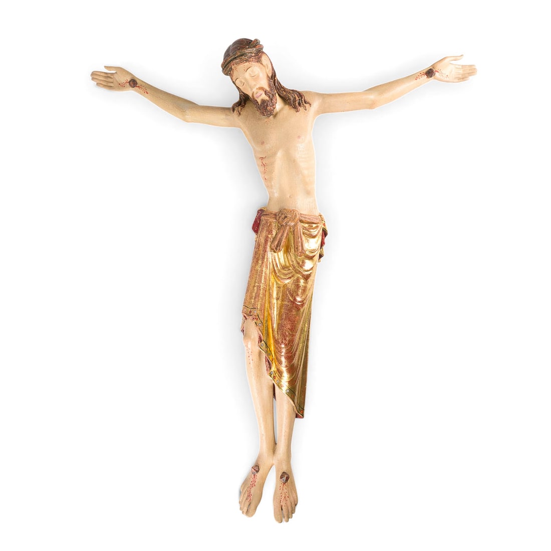 | GROSSER KORPUS CHRISTI: LARGE CORPUS CHRISTI German, likely 18th century Wood, carved in the round; polychrome finish with a gilded loincloth. H. 103, W. 93, D. 17 cm. Minor chips and damage; restored; losses to the polychro