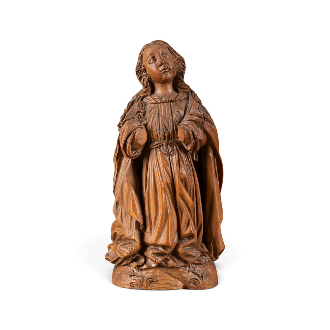 | HEILIGE MARIA MAGDALENA: SAINT MARY MAGDALENE German, 18th century Boxwood, fully sculpted, stained. H. 17, W. 8.5, D. 7 cm, weight approx. 290g. Minor damage and minor stress crack on the back.HEILIGE MARIA MAGDALENA