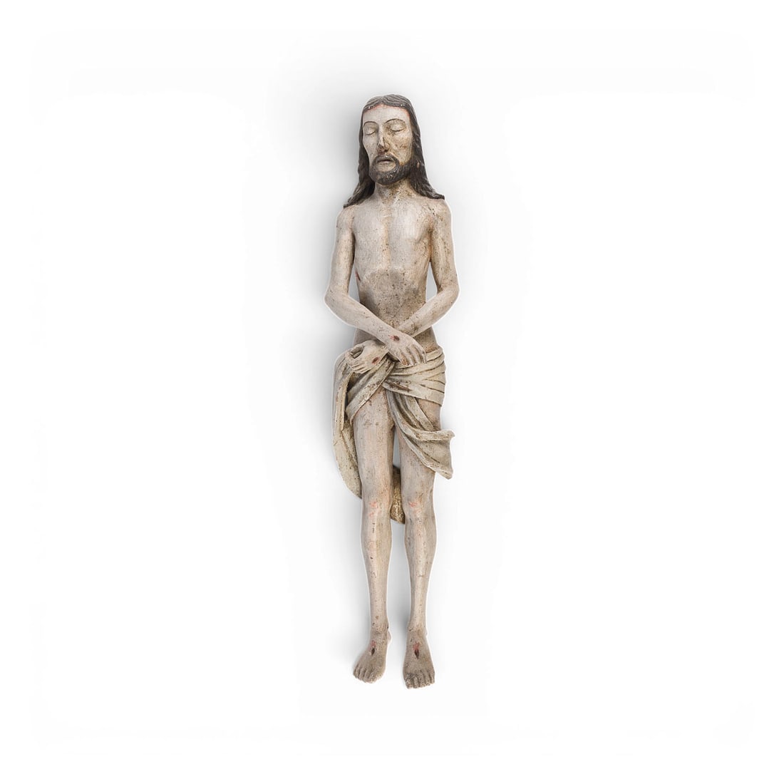 | LIEGENDER CHRISTUS AUS DEM GRAB: RECUMBENT CHRIST FROM THE TOMB South German, likely c. 1460-1490 Limewood, carved in the round, polychromed, gilded, gesso ground; flattened at the back. H. 78, W. 19, D. 12 cm. Depiction of the decea