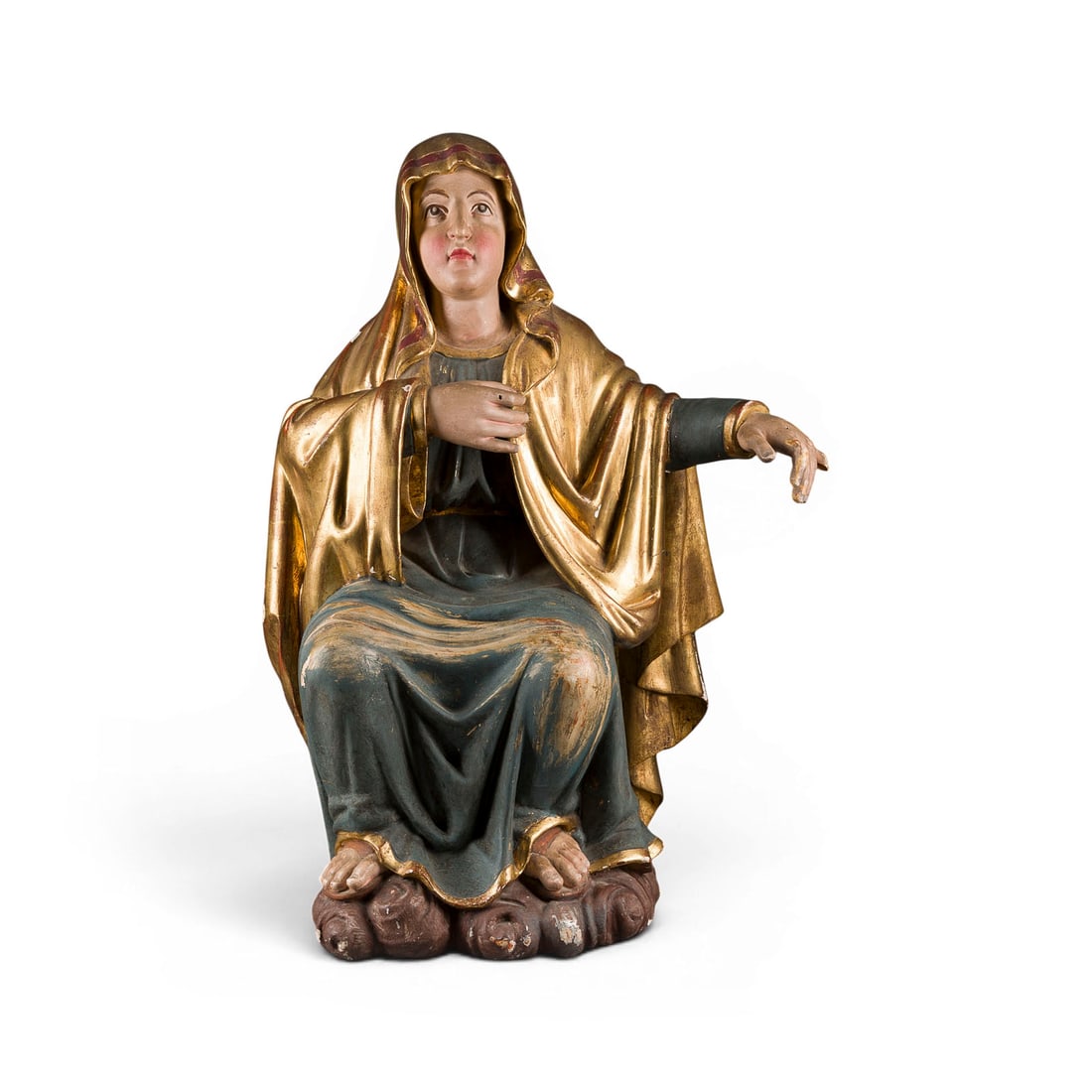 | 'MATER DOLOROSA' ALS SCHMERZENSMUTTER MIT KONSOLE: MATER DOLOROSA' AS MOTHER OF SORROWS WITH CONSOLE German, 18th century Wood, sculpted, gilded, and polychrome, flattened and hollowed out on the back, with carved, gilded wall console. H. 65, W. 45, D